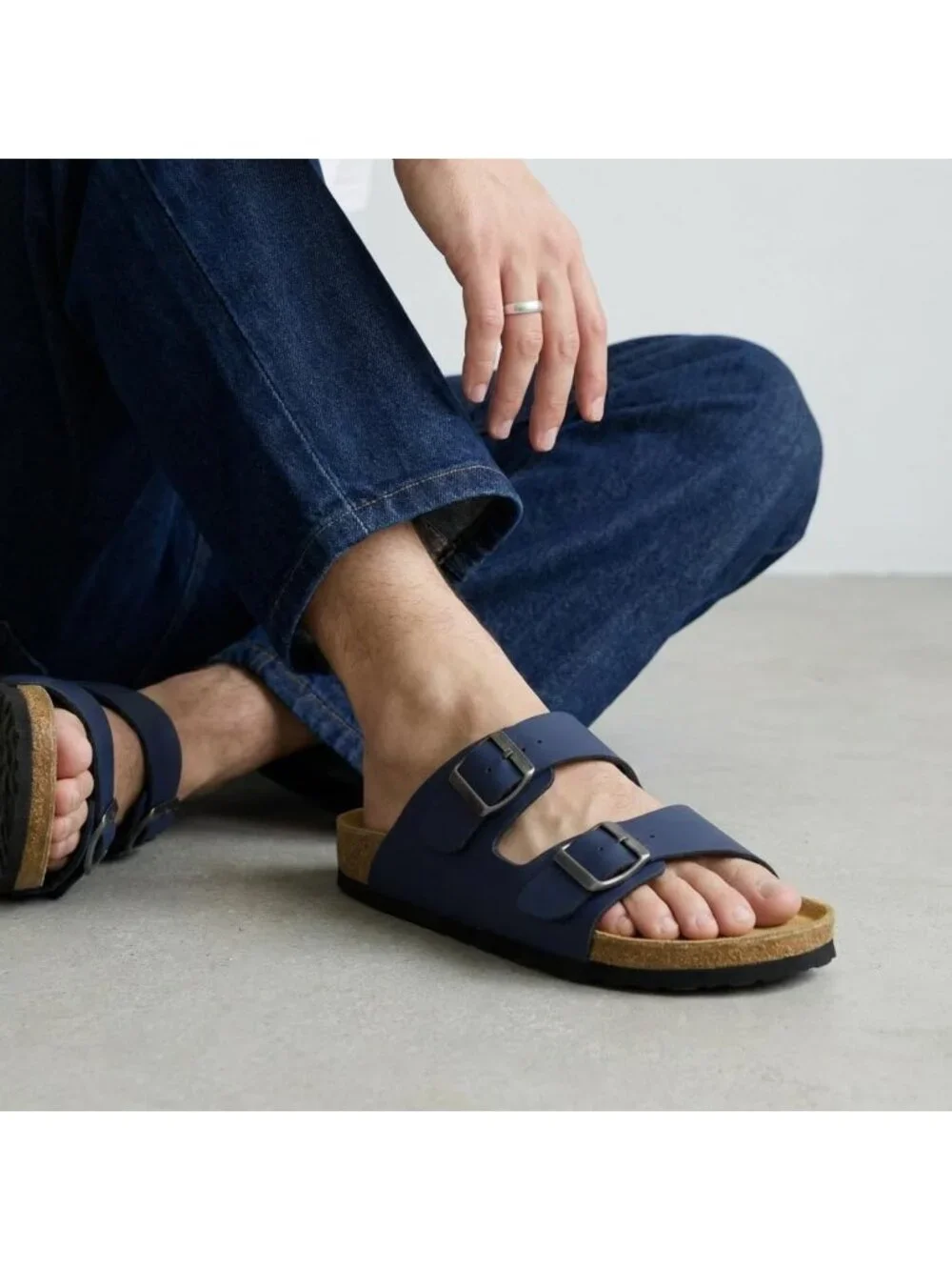 Men's Navy Nubuck Lane Cork Footbed Sandals Adjustable Buckle Comfort Slides
